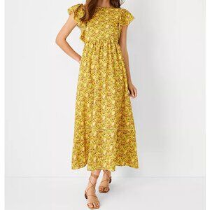 Ann Taylor | Dresses | Ann Taylor Palm Tree Gold Yellow Flutter Sleeve Flare  Maxi Dress | Poshmark